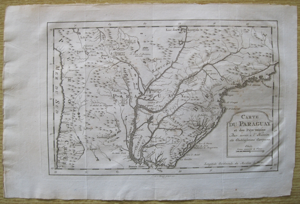 Mapa de Paraguay, Brasil, Argentina,1771.Bellin